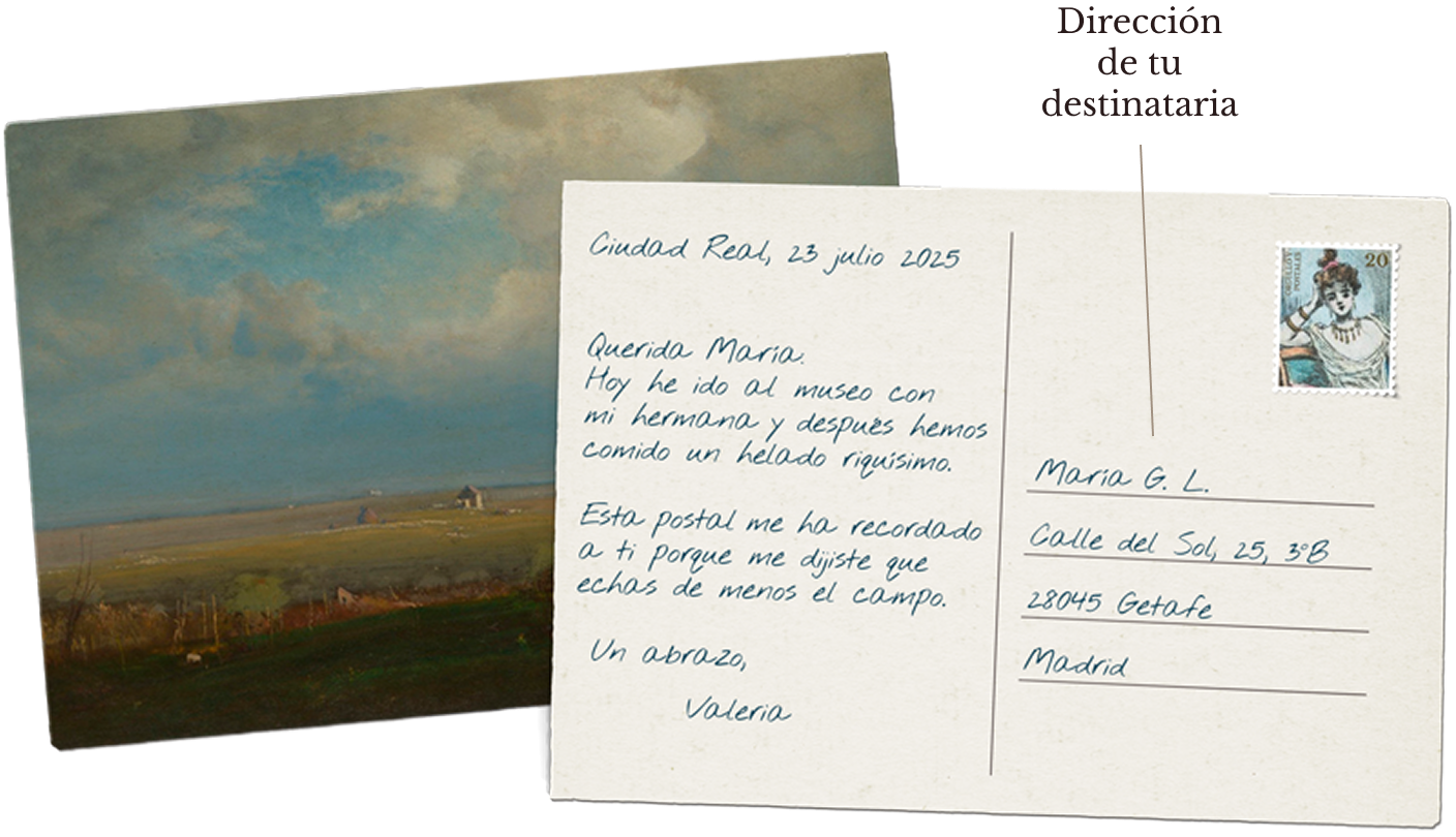 Reverso de una postal escrita: el mensaje ocupa el lado izquierdo y la dirección de tu destinataria va en el lado derecho, junto al sello.